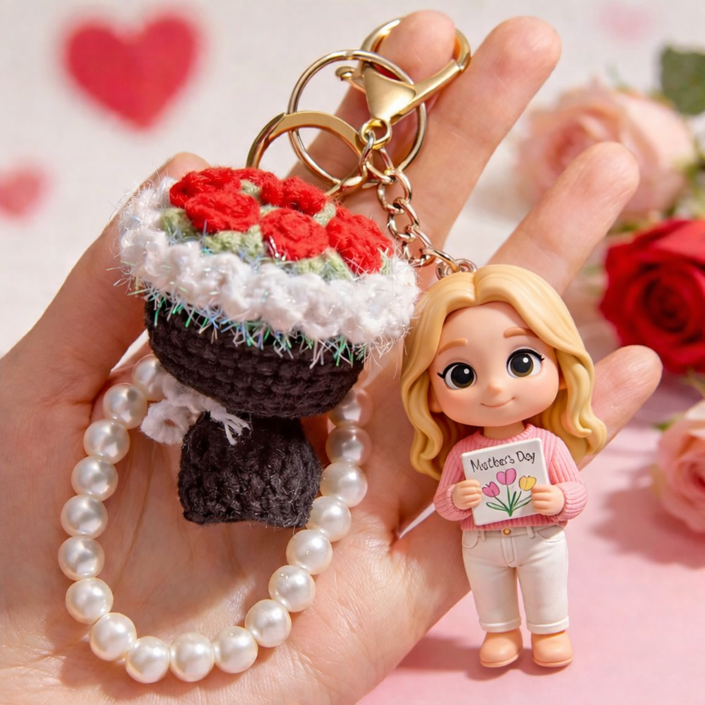写真から3dフィギュアキーホルダーへ かぎ針編みの花付き かわいい母の日ギフト