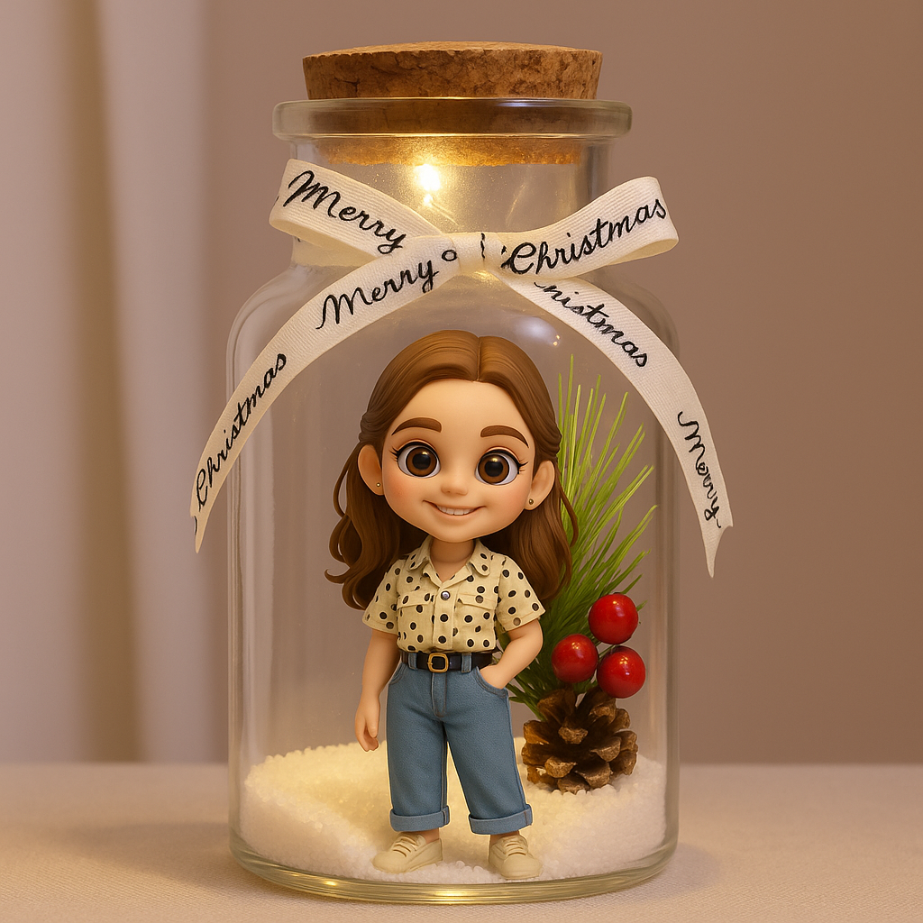Custom 3D Figure Christmas Glass Wish Bottle Personalized Mini Figure Night Light Ornament with Pine Cone Scene Unique Christmas Gift