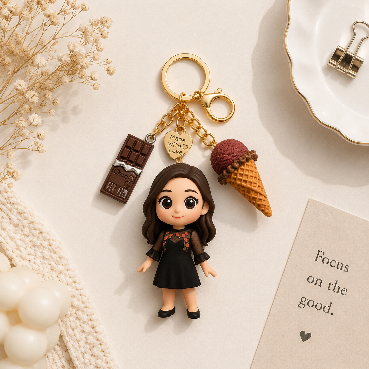 写真からのカスタム3Dキーチェーンフィギュア,かわいいチョコレートアイスクリームアクセサリー付き,パーソナライズされた家族,カップル,ペットへの完璧なギフト,カップル,誕生日,記念日へのユニークなギフト.