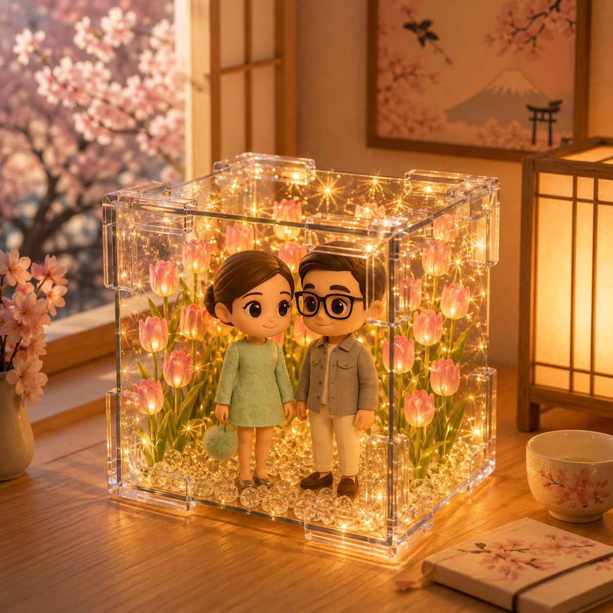 あなたの写真からカスタム3dフィギュアを作ろう。チューリップフラワーミラーボックス付き。カップル、友人、恋人へのユニークな手作りクリエイティブギフト。