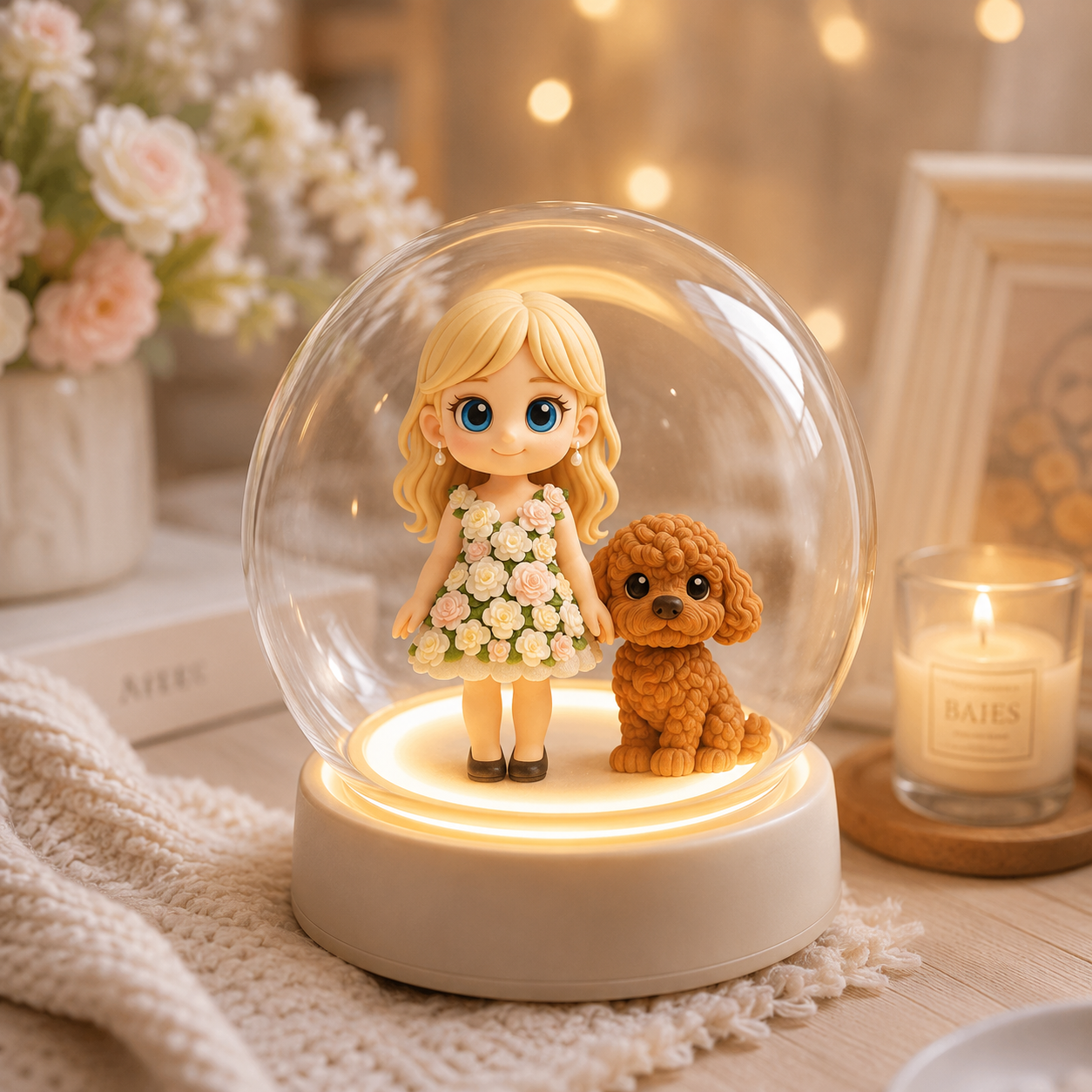 写真から作る オーダーメイド3Dフィギュアライト ガラスドーム付き 自動点灯 カップル・家族ギフト