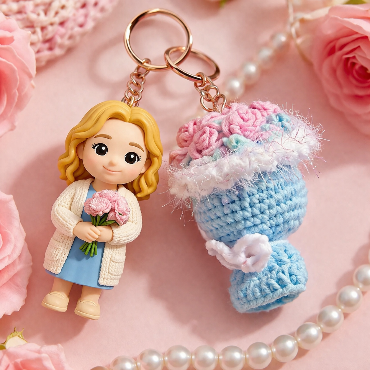 写真から3dフィギュアキーホルダーへ かぎ針編みの花付き かわいい母の日ギフト