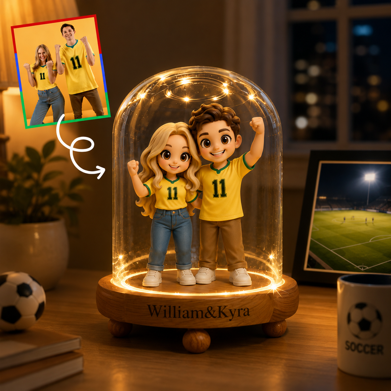 写真からパーソナライズされたサッカーファン 3D フィギュアランプカスタムサッカー愛好家ナイトライト - 