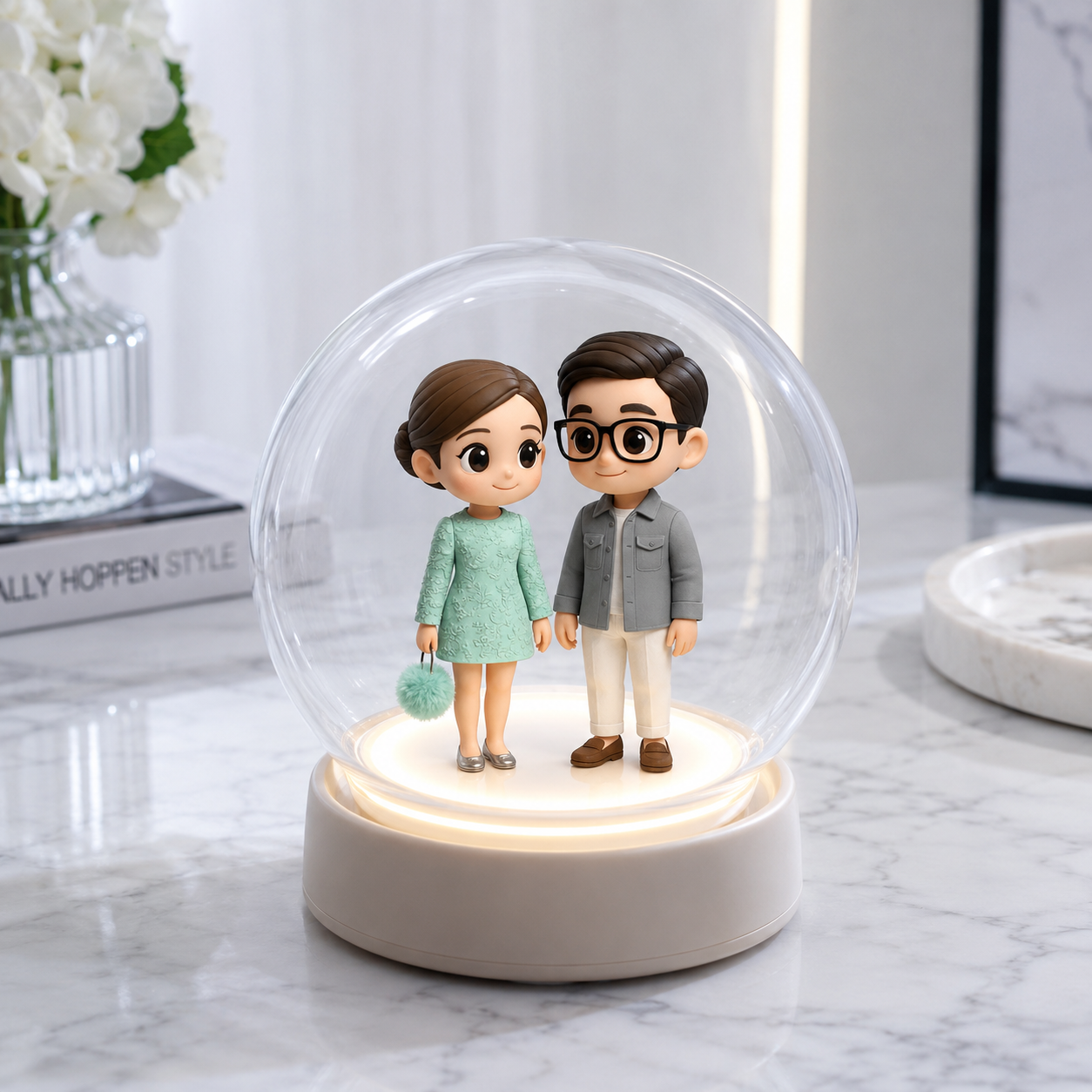 写真から作る オーダーメイド3Dフィギュアライト ガラスドーム付き 自動点灯 カップル・家族ギフト