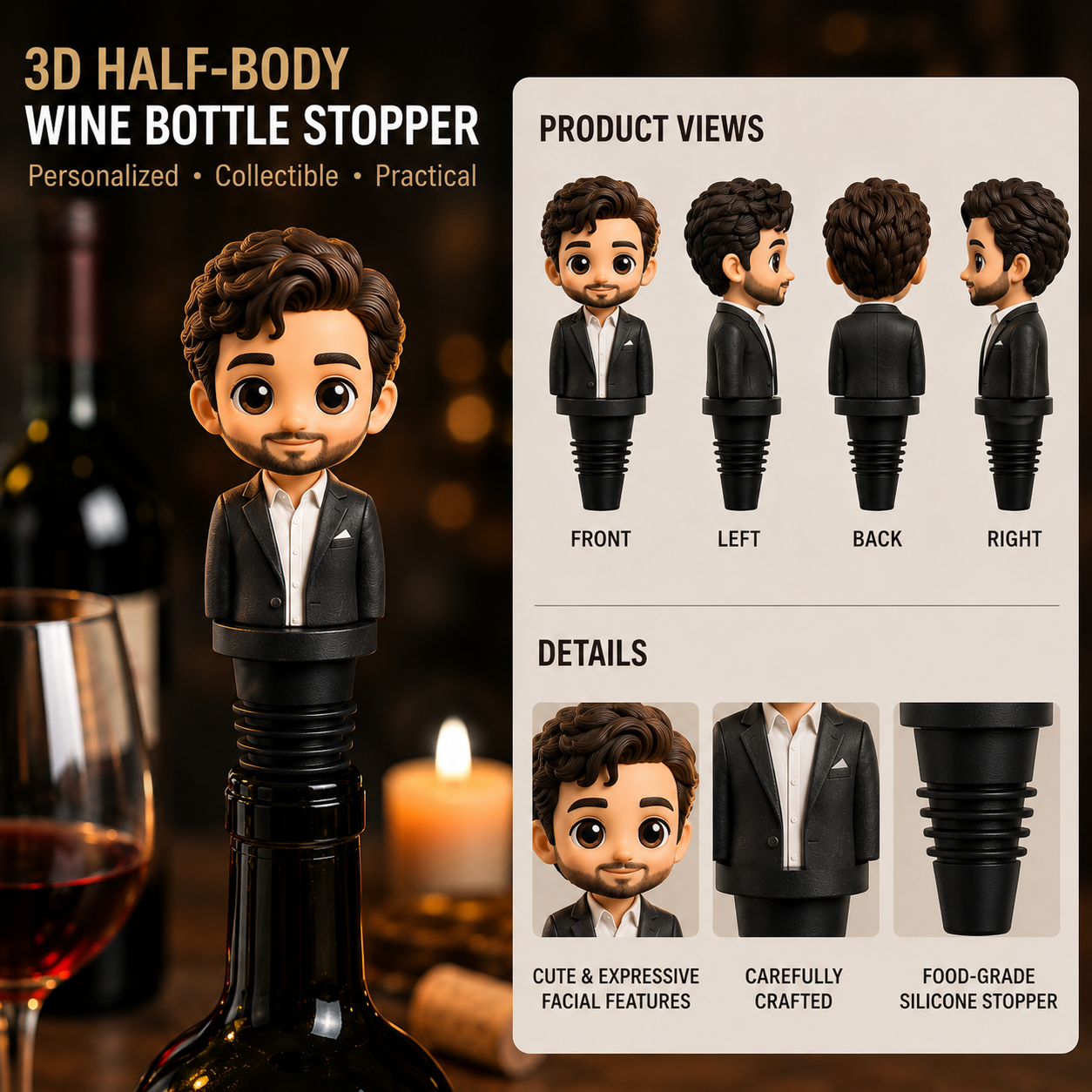 写真からカスタマイズできる3Dバストフィギュアワインボトルストッパー.男性へのパーソナライズギフト.ユニークなワインギフト. - 