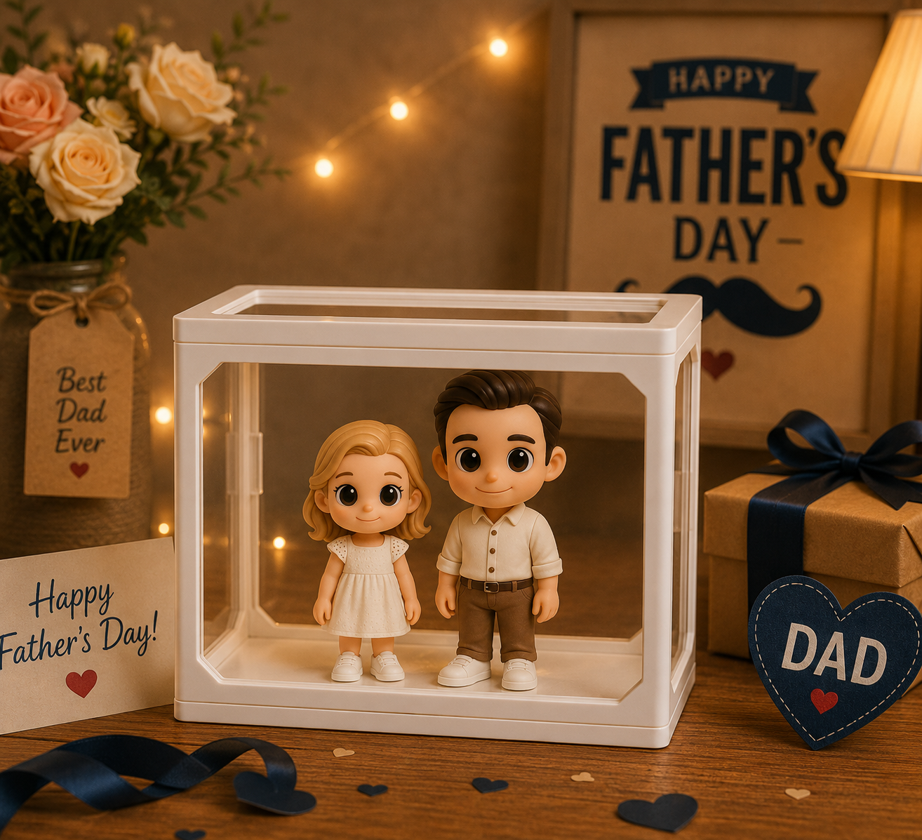 写真からのパーソナライズされた 3D フィギュア高透明度ガラス収納ボックスカスタムミニフィギュア人形お父さんへの父の日のギフトに最適 - 