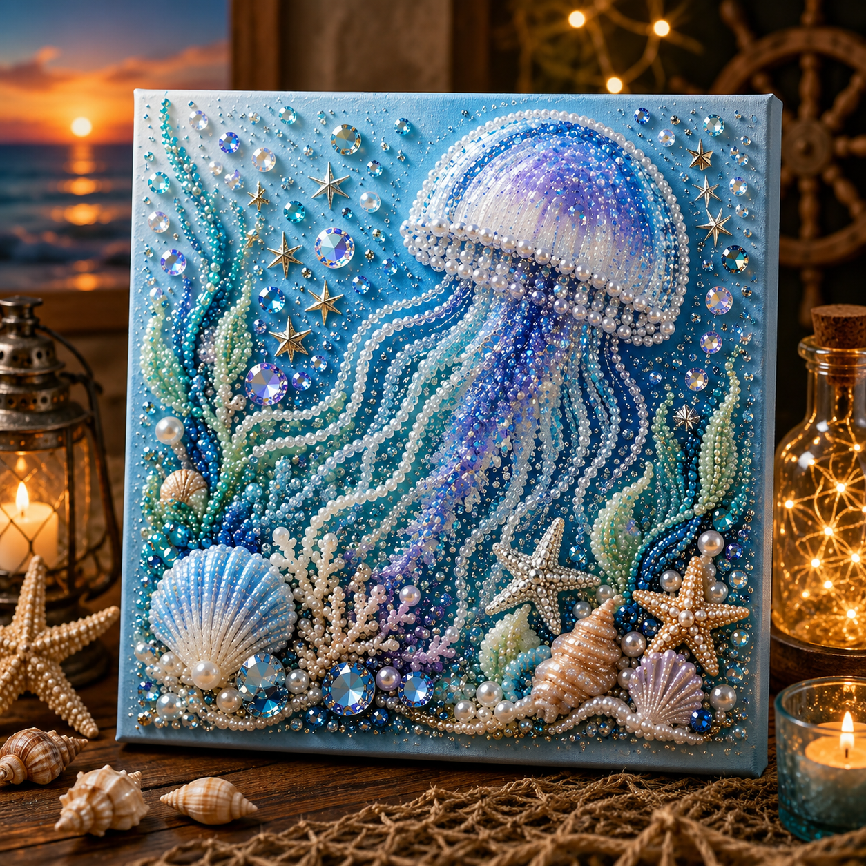 海をテーマにしたDIYパール&ラインストーンモザイクアートキット – 海岸風インテリアにぴったりのタコの壁飾り 20*20cm - 