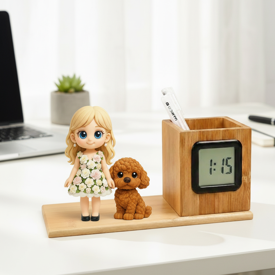 Custom 3D Mini Figure Wooden Pen Holder Clock Personalized Desk Organizer with LED Time Display Unique Gift for Birthday