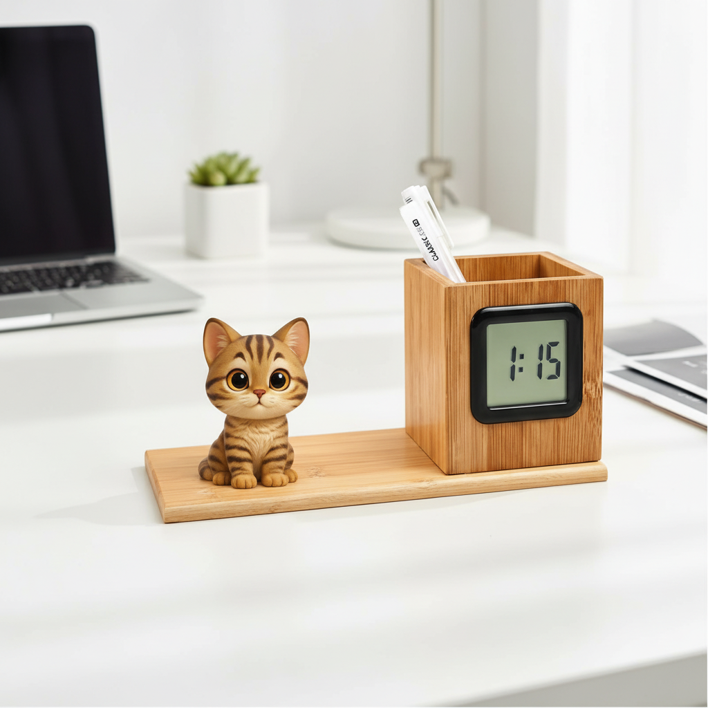 Custom 3D Mini Figure Wooden Pen Holder Clock Personalized Desk Organizer with LED Time Display Unique Gift for Birthday