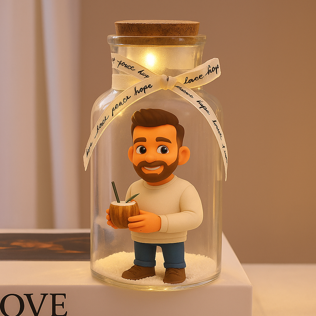 Custom 3D Figure Christmas Glass Wish Bottle Personalized Mini Figure Night Light Ornament with Pine Cone Scene Unique Christmas Gift