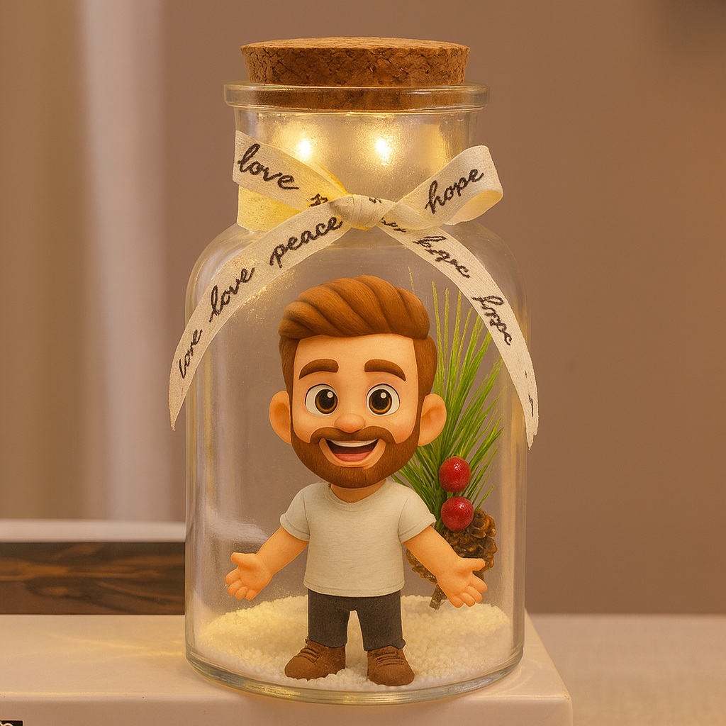 Custom 3D Figure Christmas Glass Wish Bottle Personalized Mini Figure Night Light Ornament with Pine Cone Scene Unique Christmas Gift