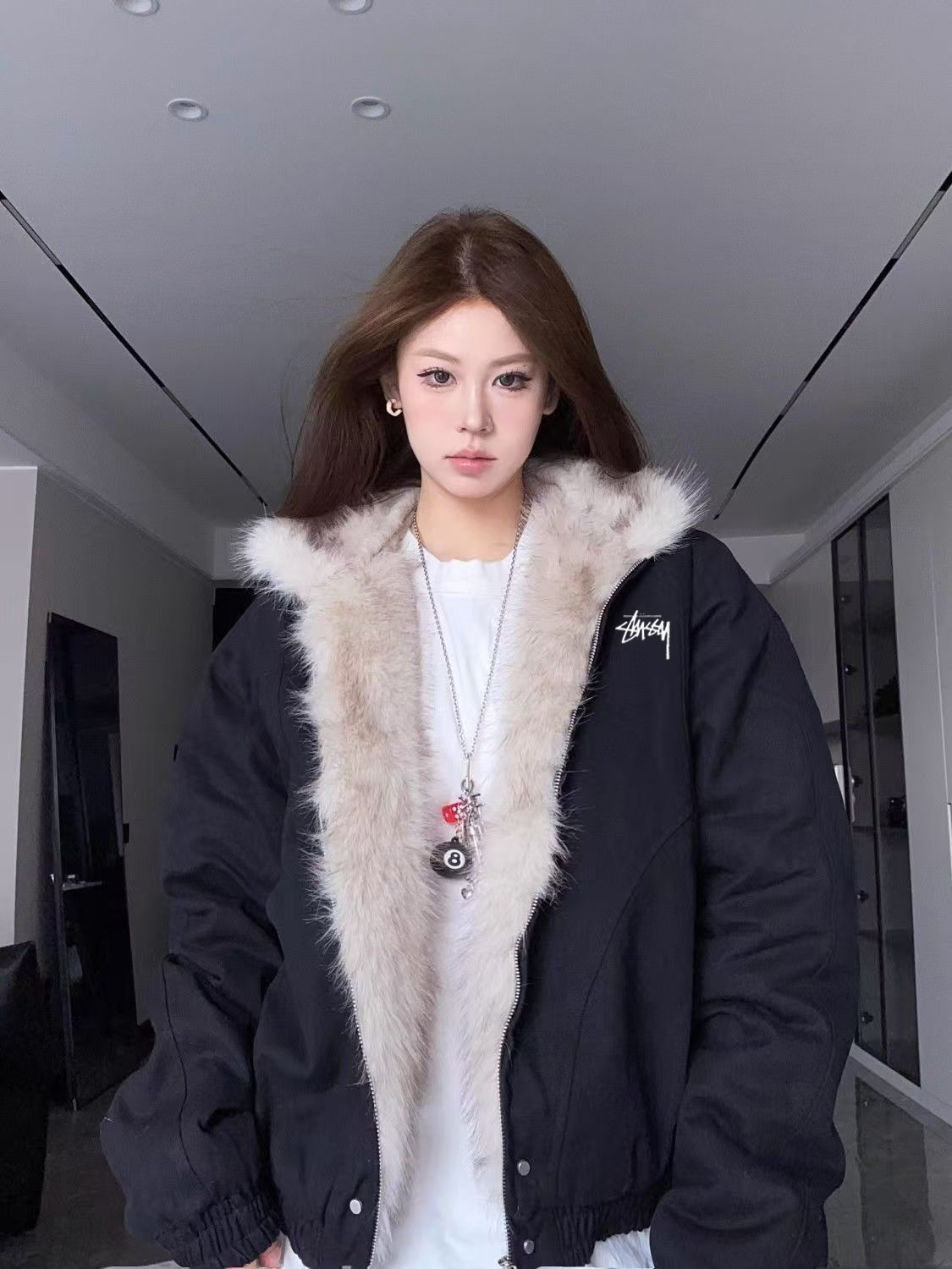 STUSSY American retro trendy hooded down jacket（レディー）-Nanamallモール