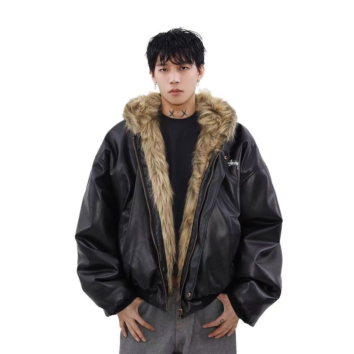 STUSSY Stylish leather hooded jacket（両面着用できる服）（ユニセックス）-Nanamallモール