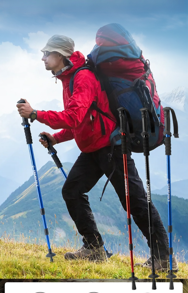 ไม้เท้าปีนเขาโลหะผสมอลูมิเนียมกันลื่นลดแรงกระแทกแบบยืดหดได้