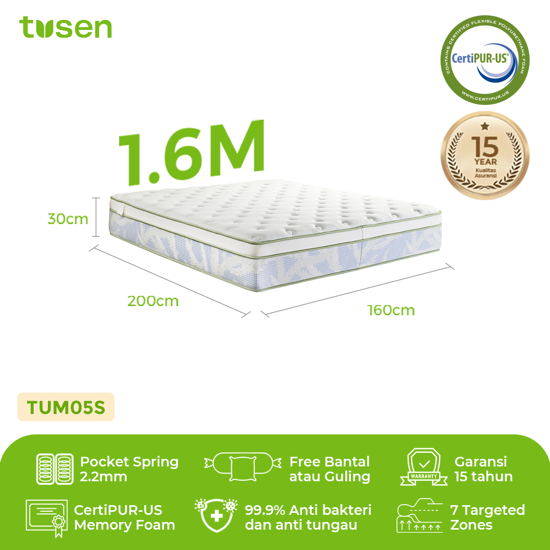 TUSEN DeepSleep III+  Kasur Spring Bed Premium 30 cm dengan Zero-Pressure Memory Foam & 928 Pocket Spring - TUM09