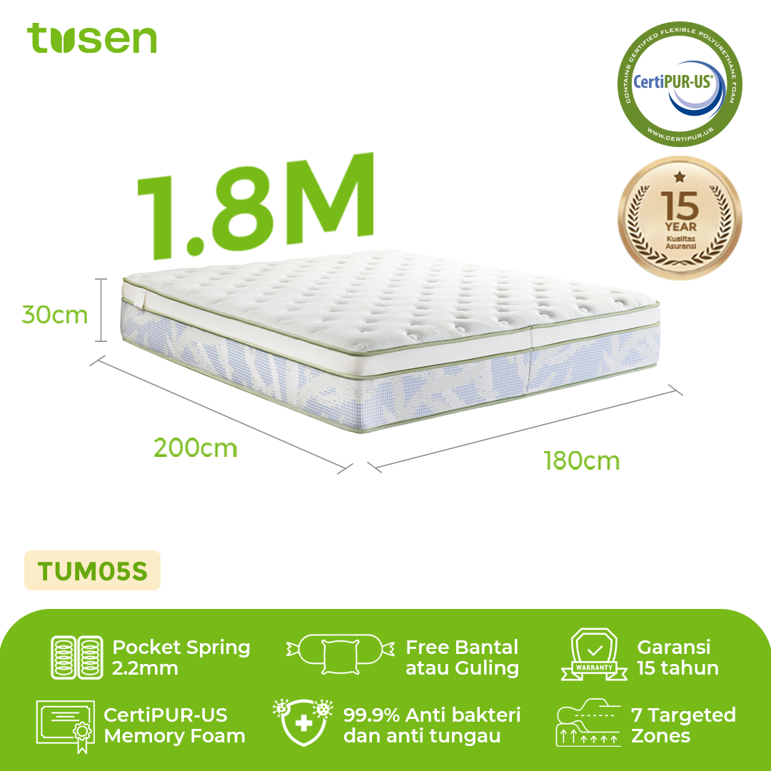 TUSEN DeepSleep III+  Kasur Spring Bed Premium 30 cm dengan Zero-Pressure Memory Foam & 928 Pocket Spring - TUM09