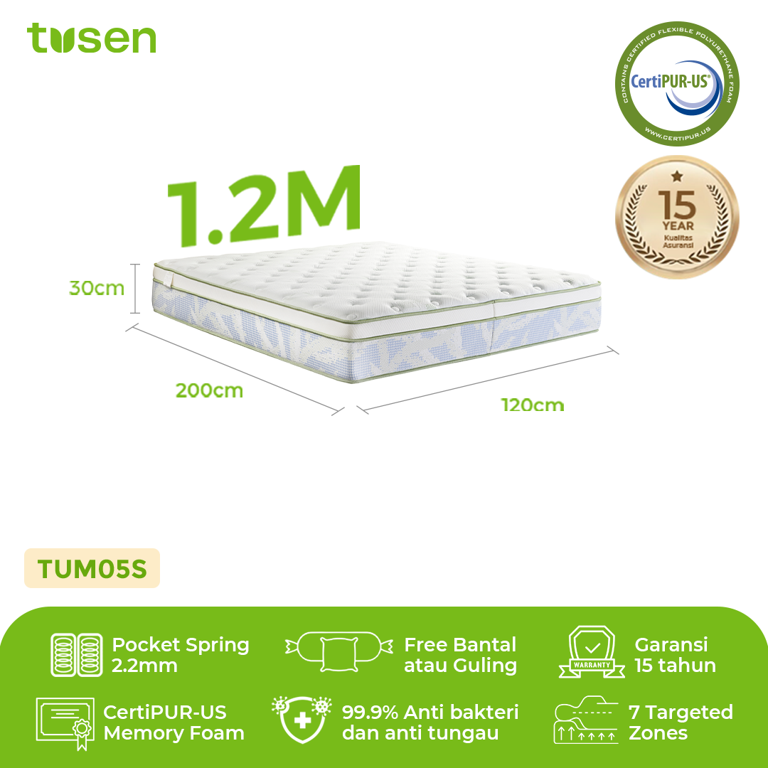 TUSEN DeepSleep III+  Kasur Spring Bed Premium 30 cm dengan Zero-Pressure Memory Foam & 928 Pocket Spring - TUM09
