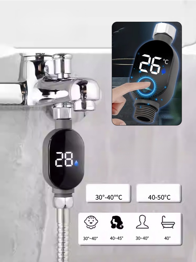 智慧防水淋浴溫度顯示器，0.1 秒極速測溫，只要接在龍頭和花灑間，零電費自發電，水流過就亮屏，水溫一看就懂