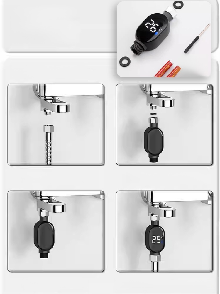 智慧防水淋浴溫度顯示器，0.1 秒極速測溫，只要接在龍頭和花灑間，零電費自發電，水流過就亮屏，水溫一看就懂