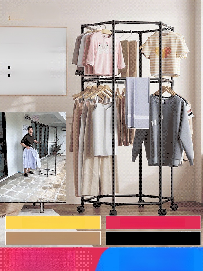 ราวแขวนผ้า 6เหลี่ยม แขวนผ้าได้หกด้านใช้งานได้สองชั้น รุ่นนี้มีล้อด้วยสามารถหมุนได้ 360 องศา