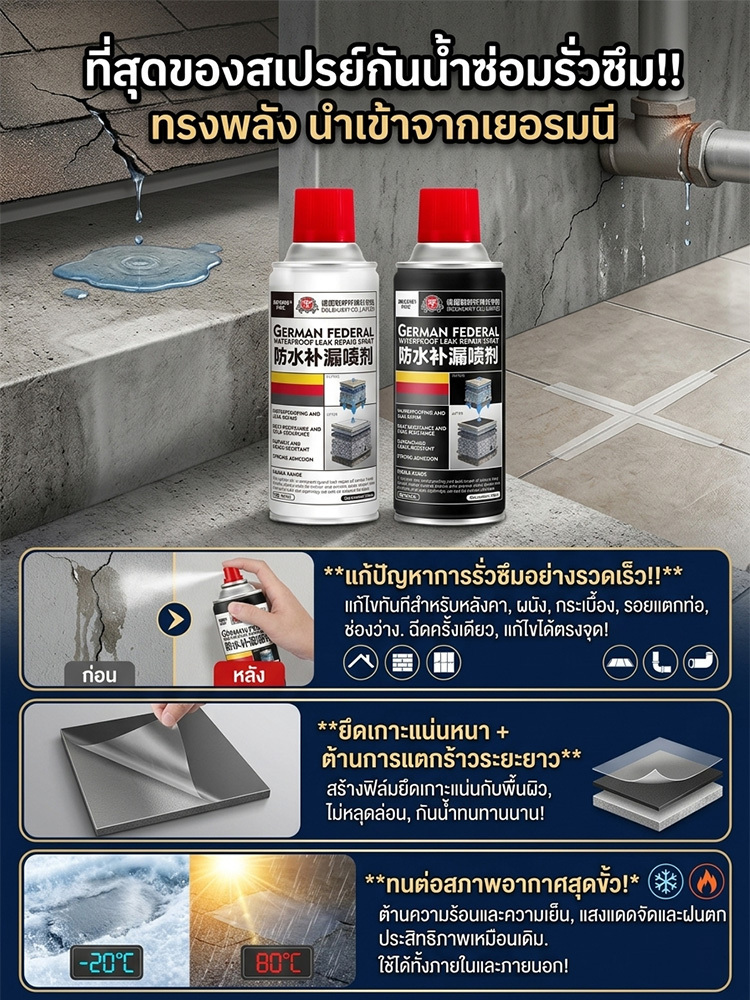 สเปรย์อุดรอยรั่วกันน้ำแรงสูงนำเข้าจากเยอรมนี 🇩🇪เทคโนโลยีนำเข้าจากเยอรมนี กันน้ำแรงสุดๆ อุดรอยรั่วได้ทันที！