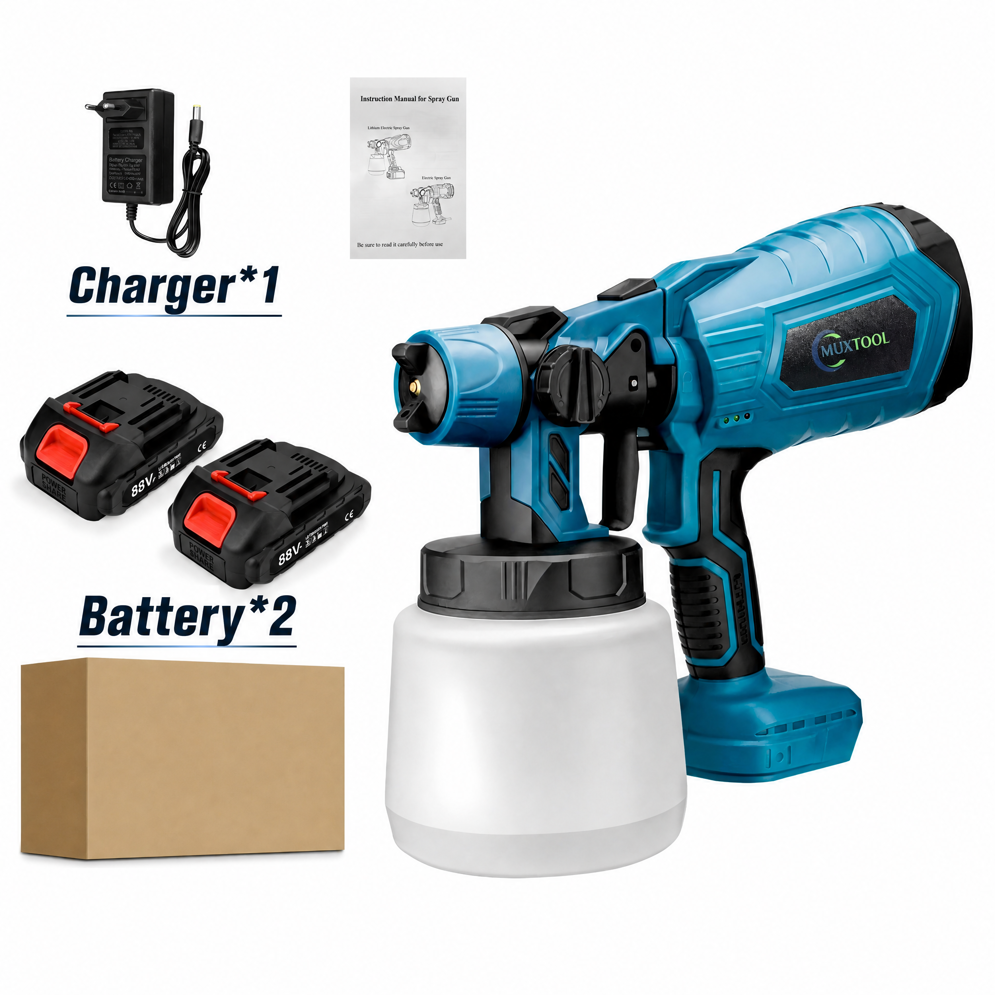 A cordless paint spray gun with 2 batteries, suitable for DIY painting of houses, furniture, and fences.