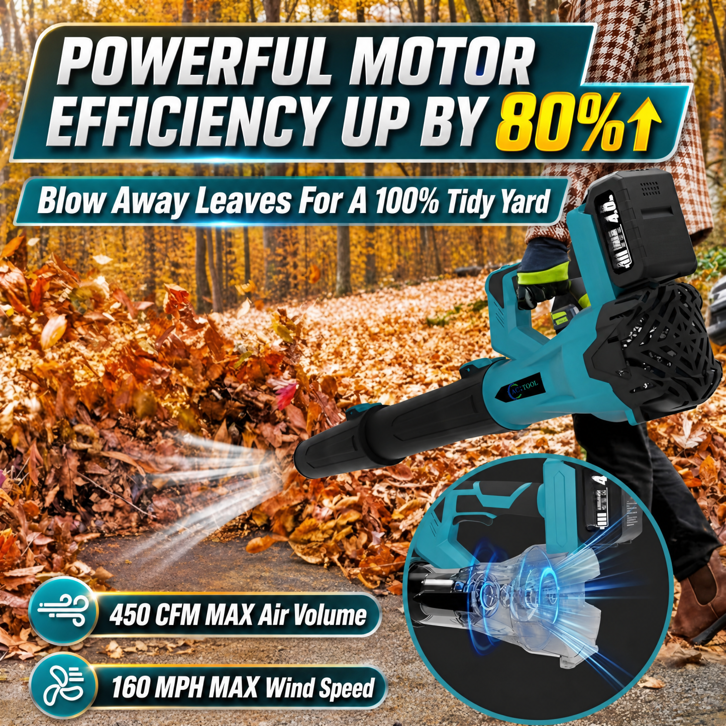 21V Cordless 6-Speed Leaf Blower with 2 Batteries for Patio and Lawn Cleaning