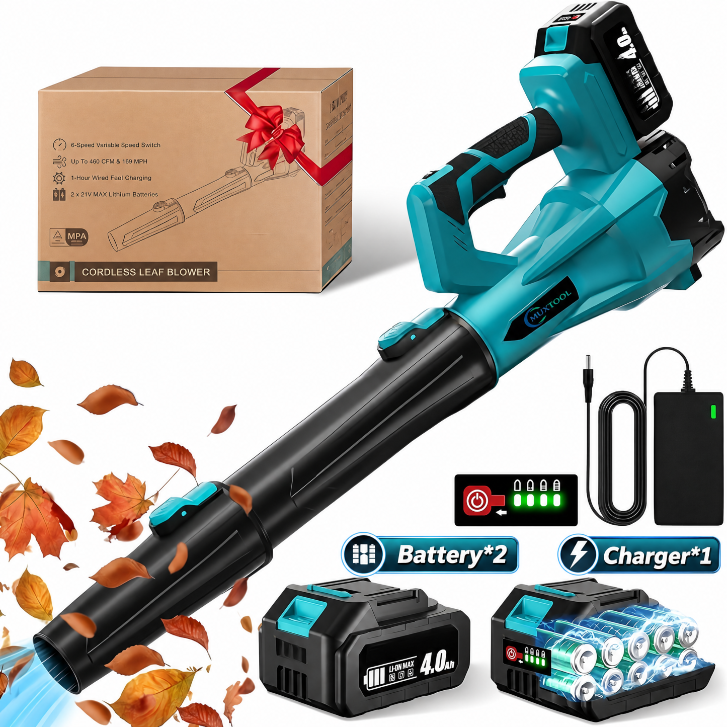 21V Cordless 6-Speed Leaf Blower with 2 Batteries for Patio and Lawn Cleaning