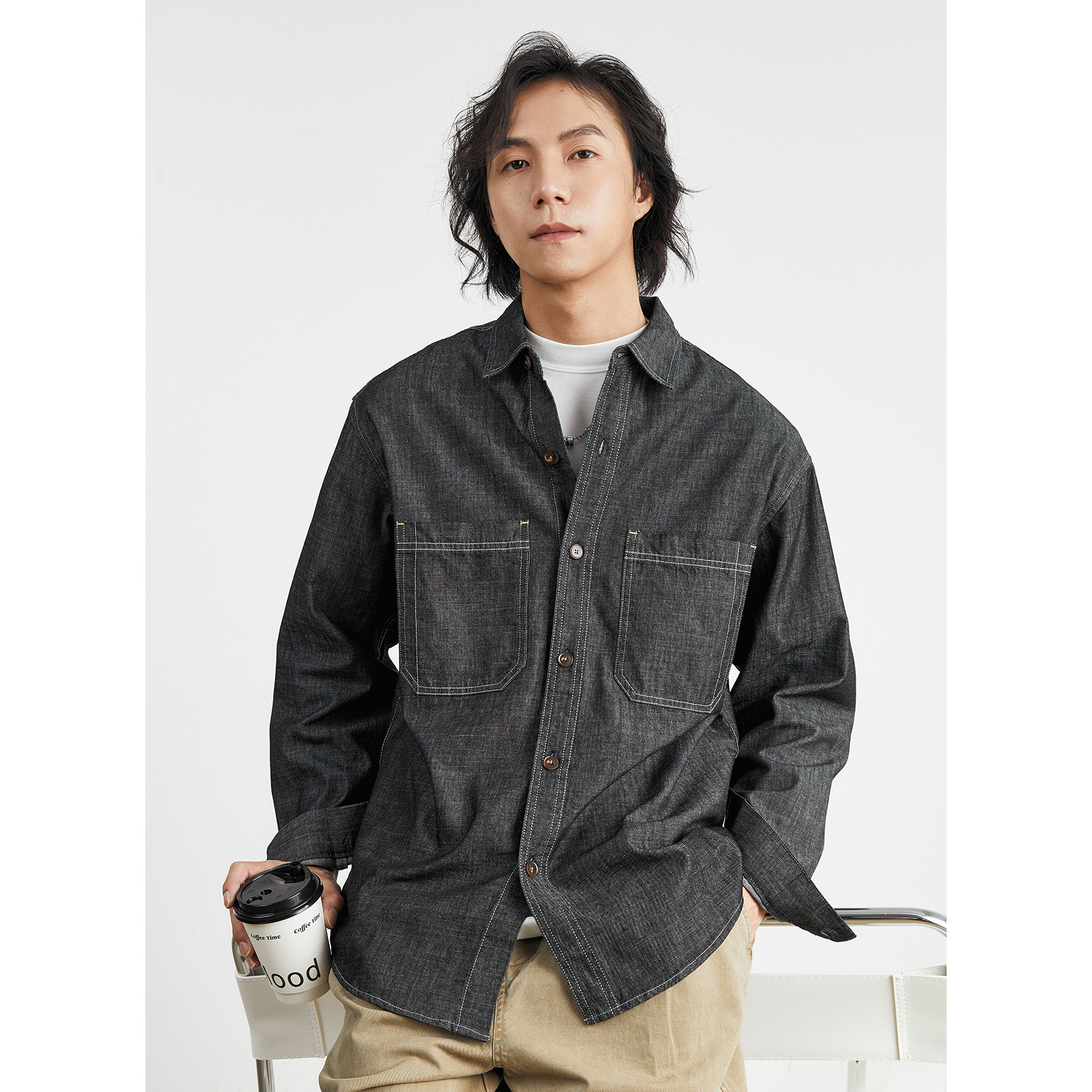 男士春秋美式復古工裝風牛仔長袖襯衫