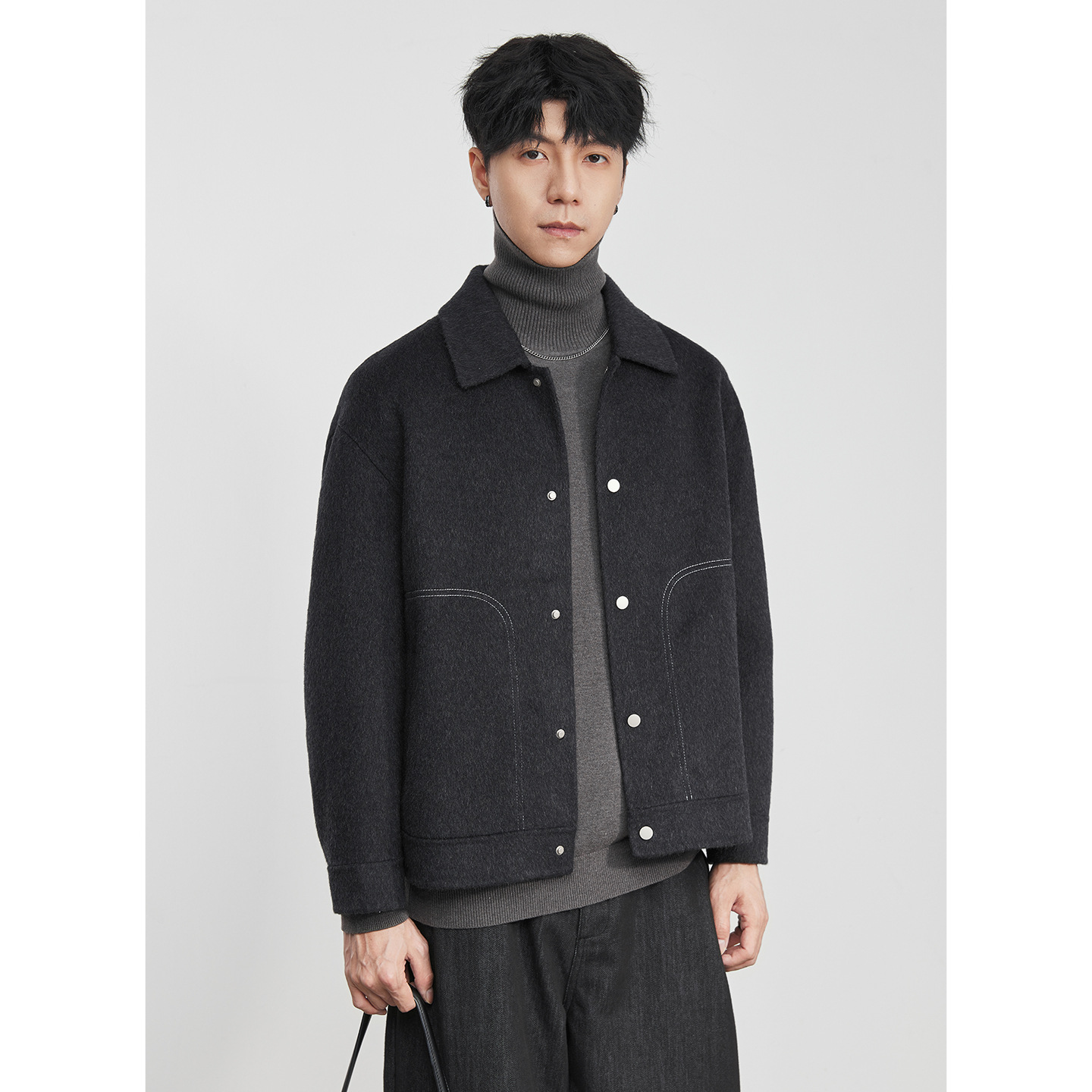 男士冬季明線翻領毛呢夾克外套