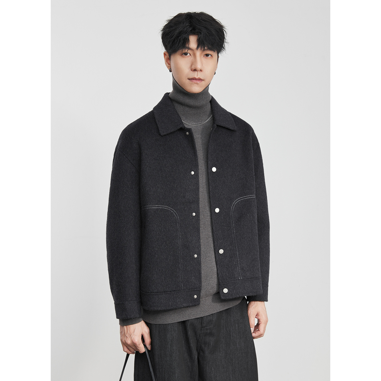 男士冬季明線翻領毛呢夾克外套