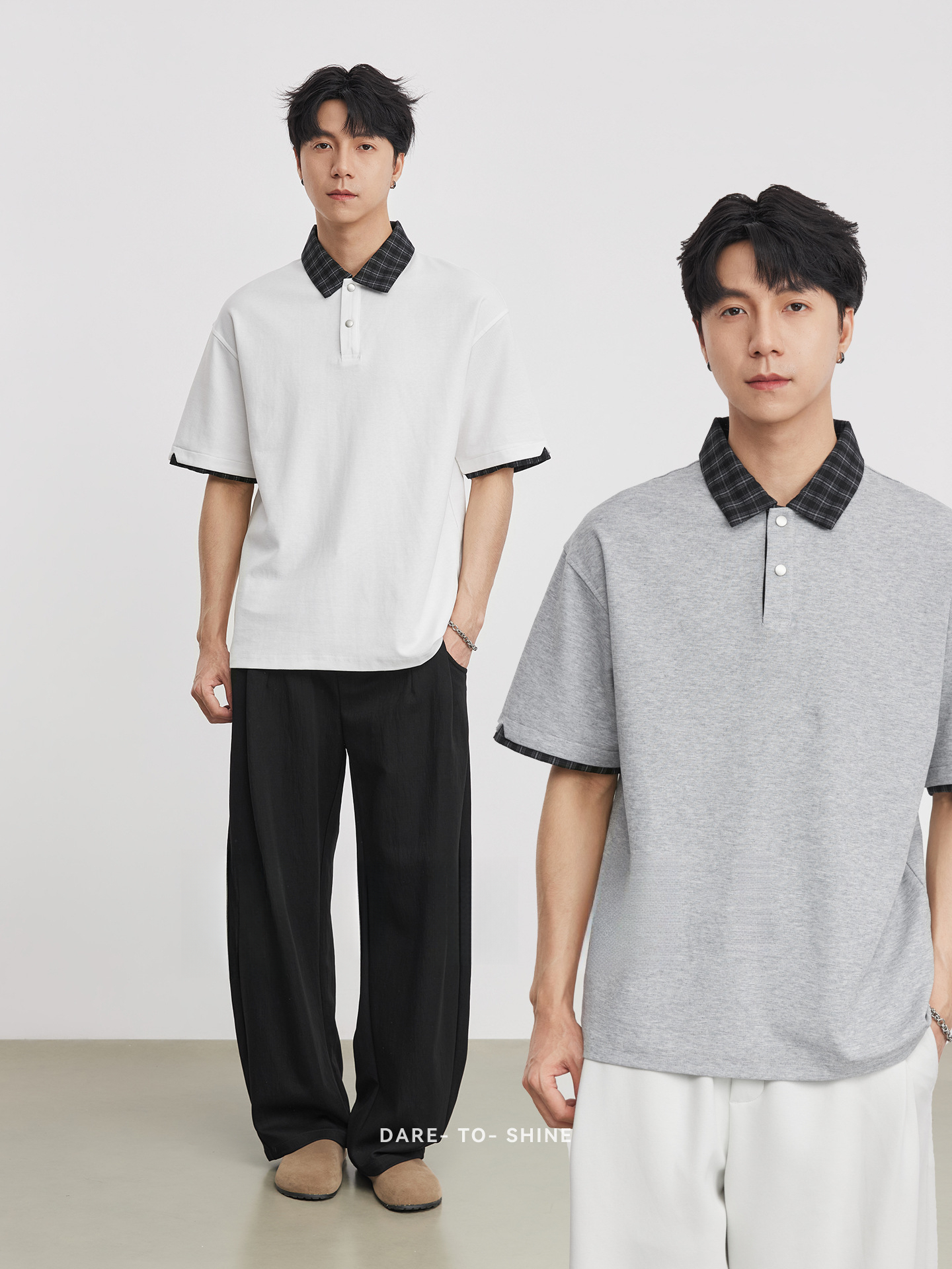 男夏撞色格子拼接POLO衫