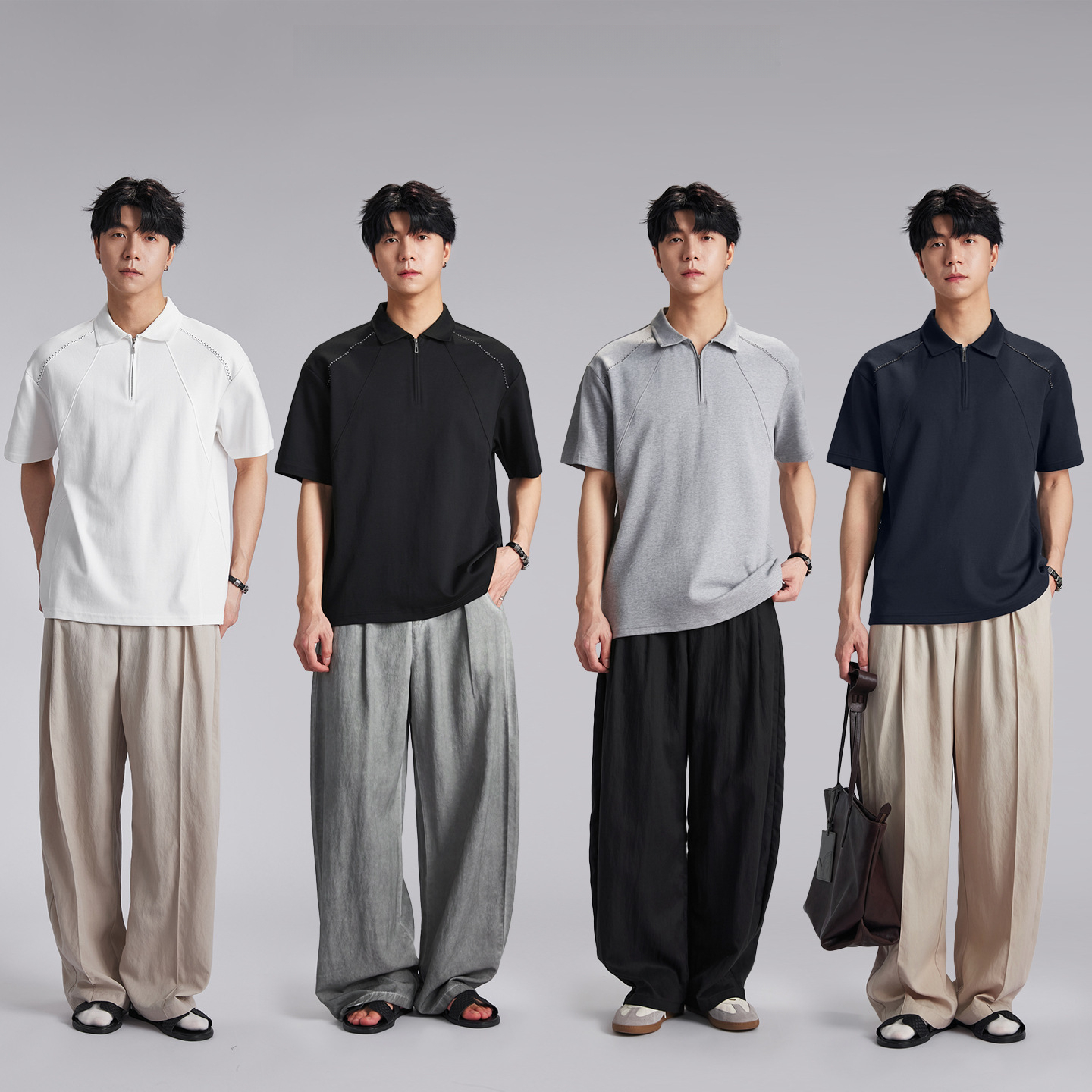 明線撞色半拉鏈親膚透氣POLO衫