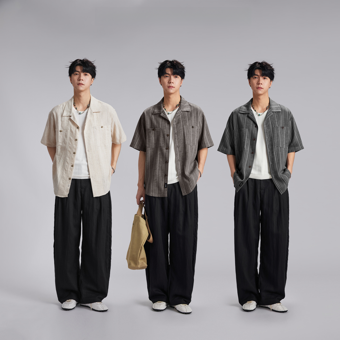 復古棉麻條紋提花短袖襯衫