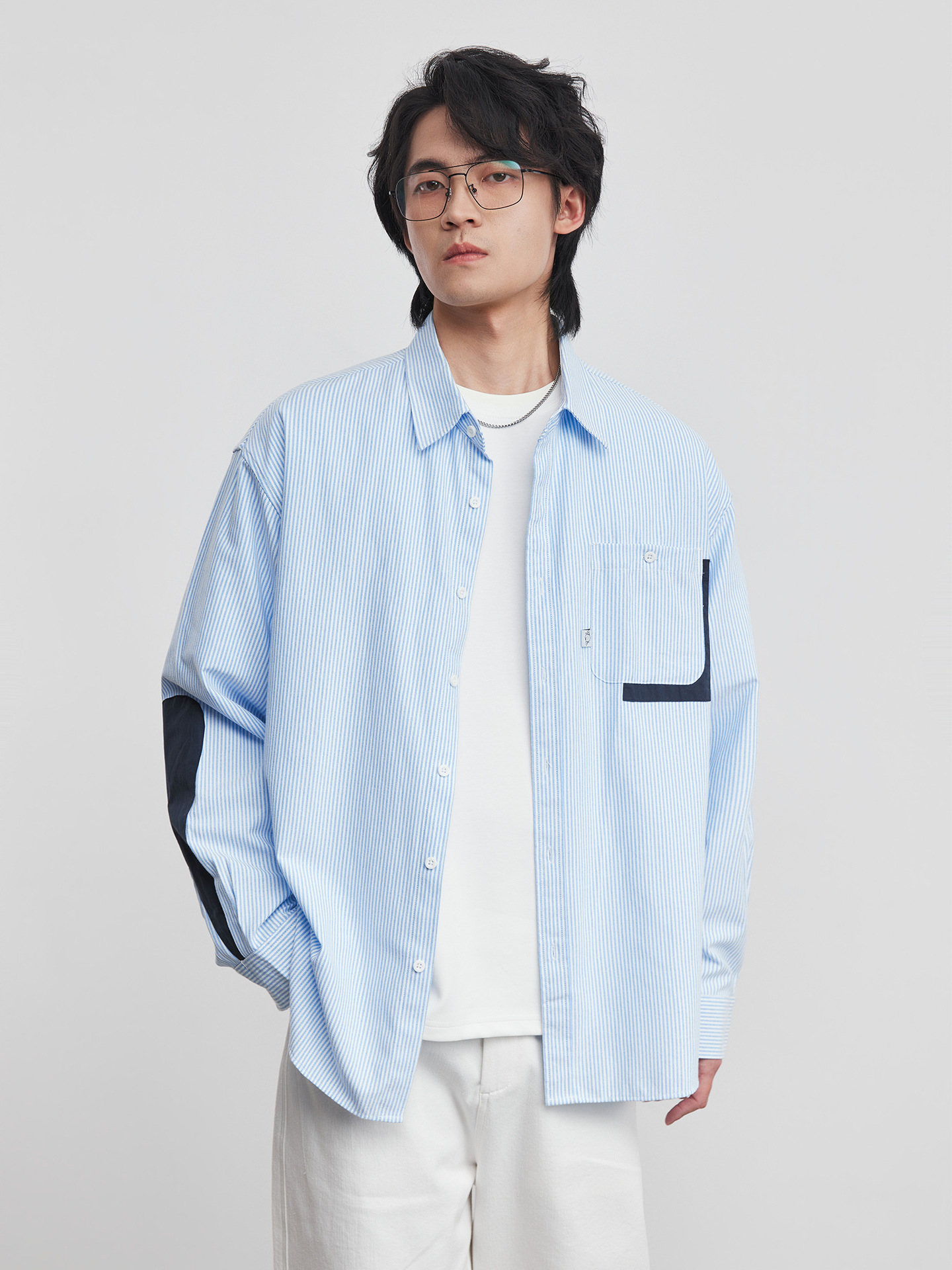 拼接撞色口袋牛津紡條紋長袖T恤