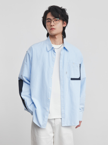 拼接撞色口袋牛津紡條紋長袖T恤