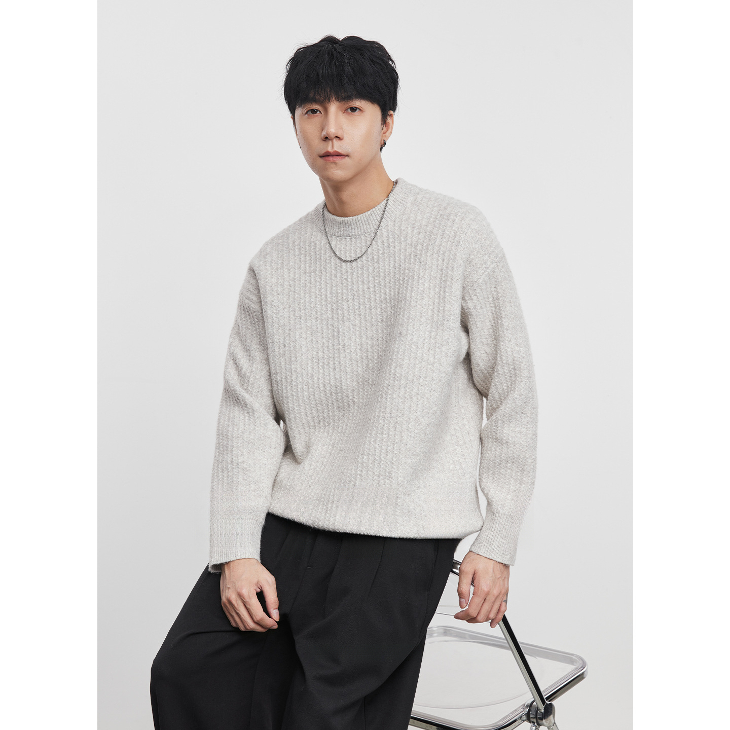 男士秋冬紋理圓領毛衣