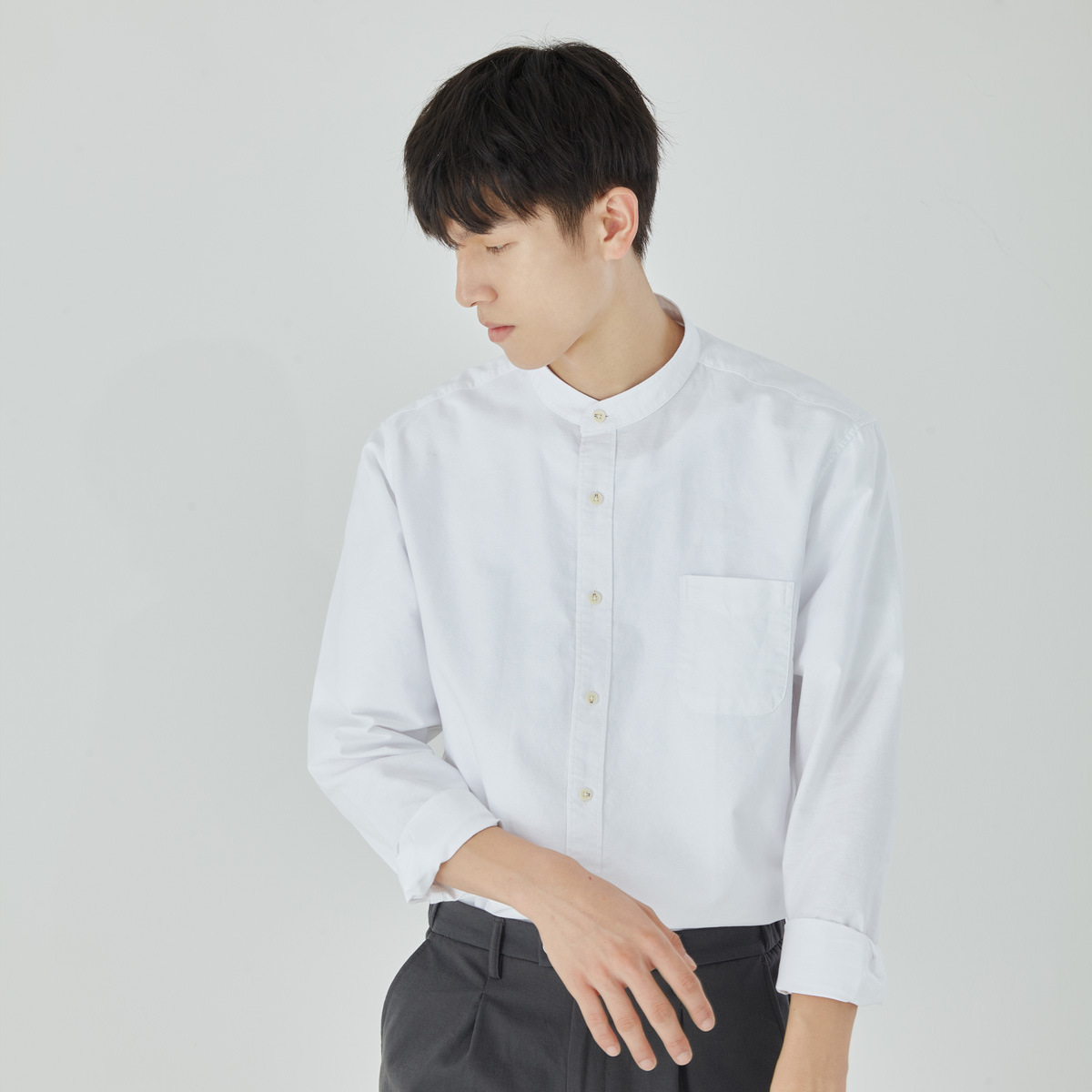 男士春秋小立領長袖襯衫