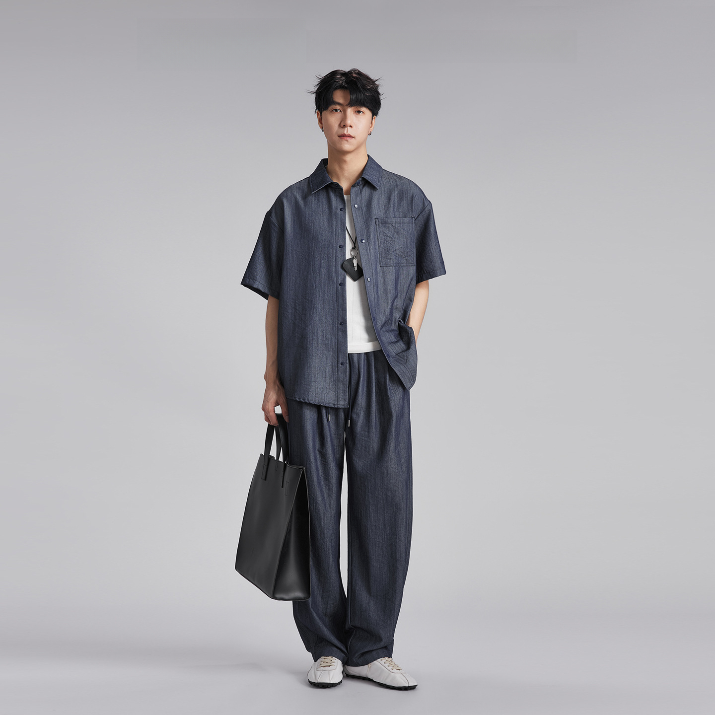 輕熟仿牛仔襯衫套裝
