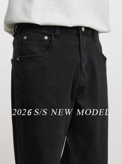 男士春秋彈力直筒黑色牛仔褲