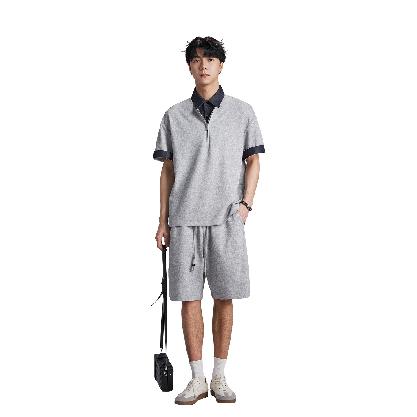 撞色翻領半拉鏈假兩件POLO衫套裝