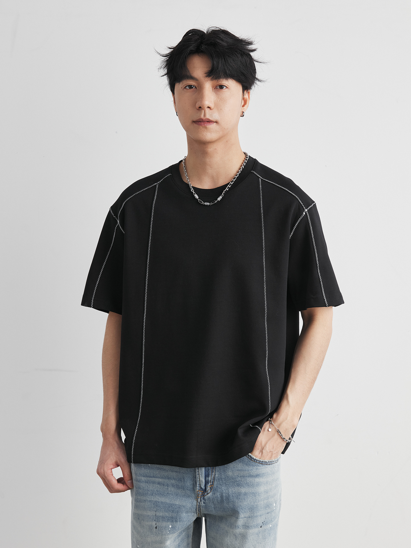 男夏明線分割短袖