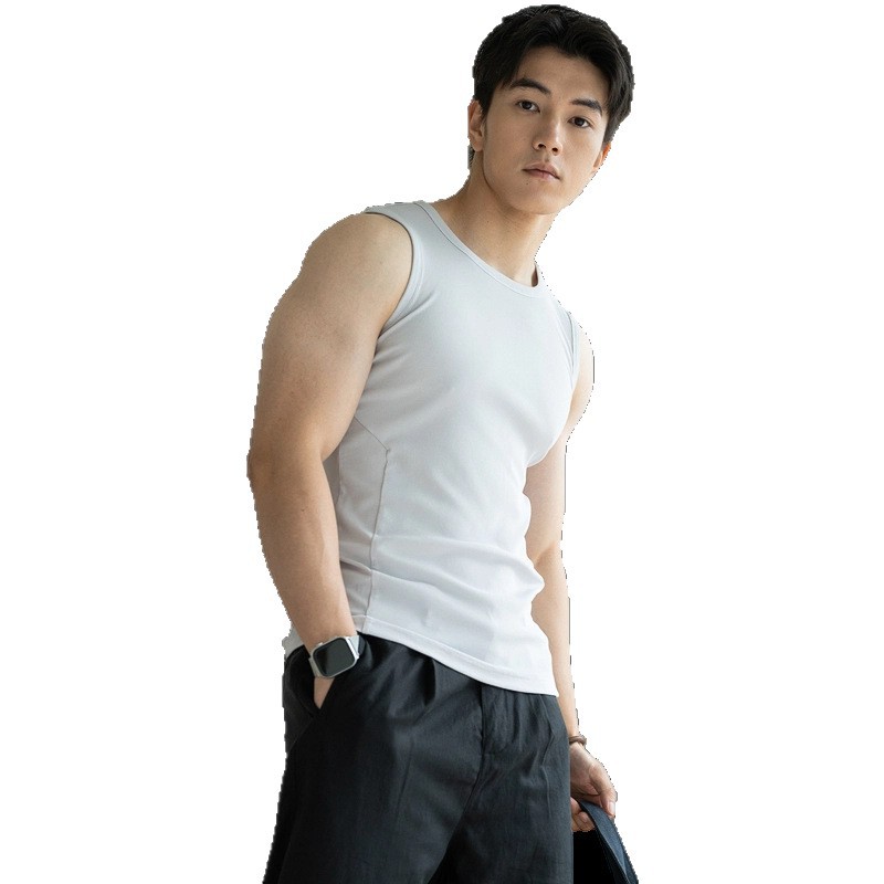 男夏豎坑條透氣回彈運動背心