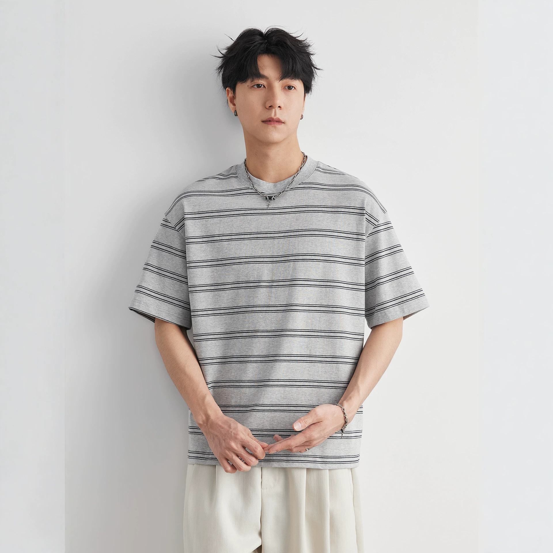 男夏韓系條紋圓領T恤