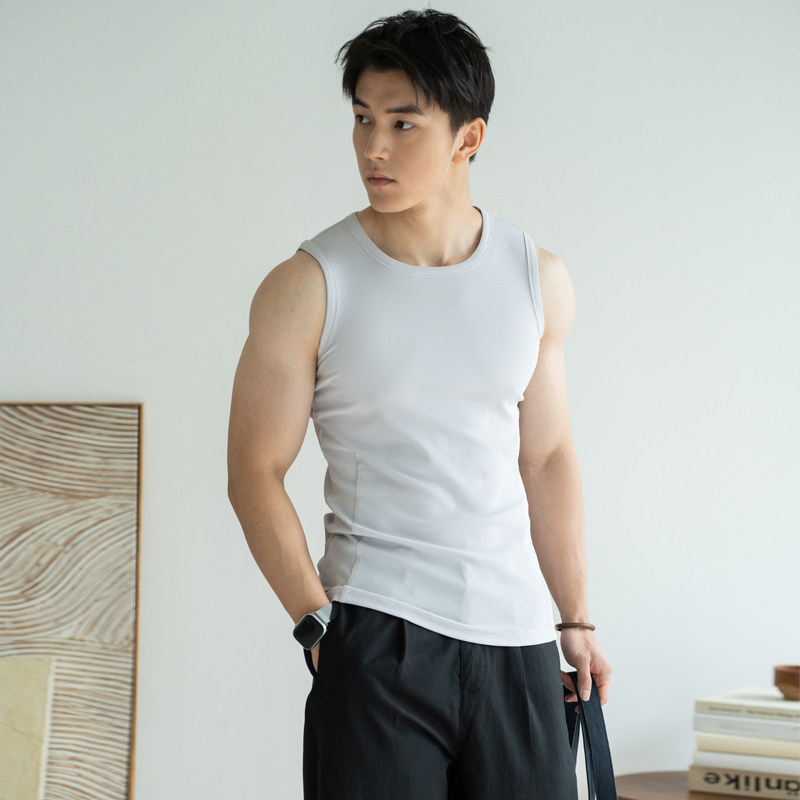 男夏豎坑條透氣回彈運動背心