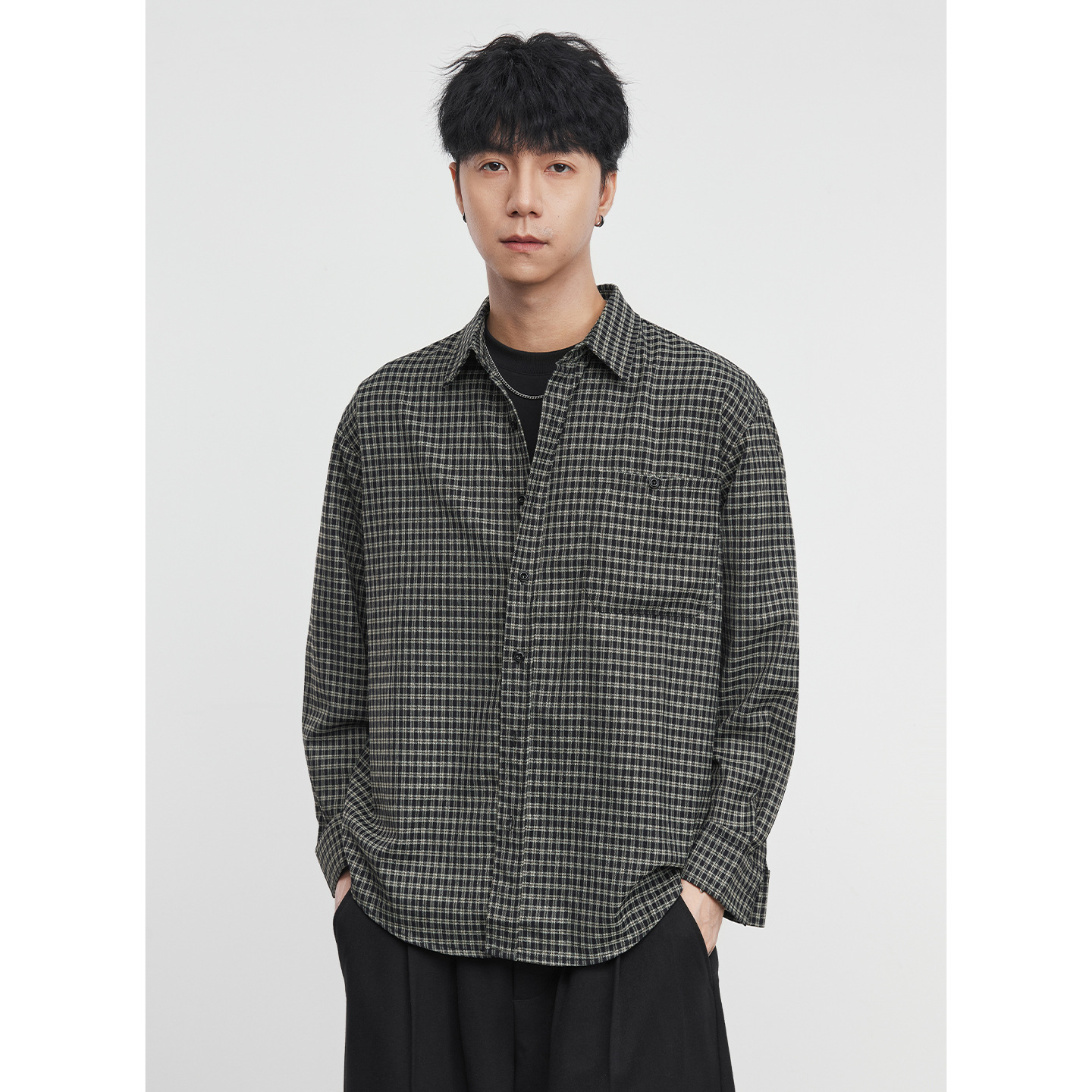 格紋敘法式青春翻領襯衫