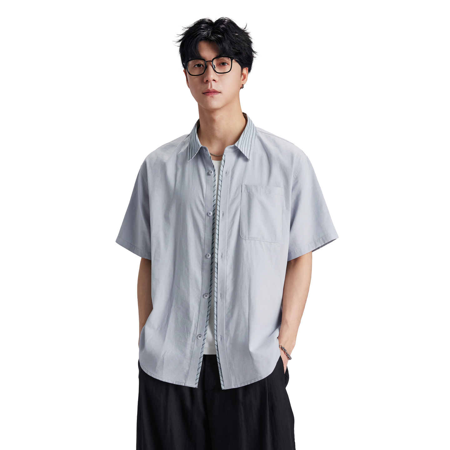 棉麻條紋撞色短袖T恤