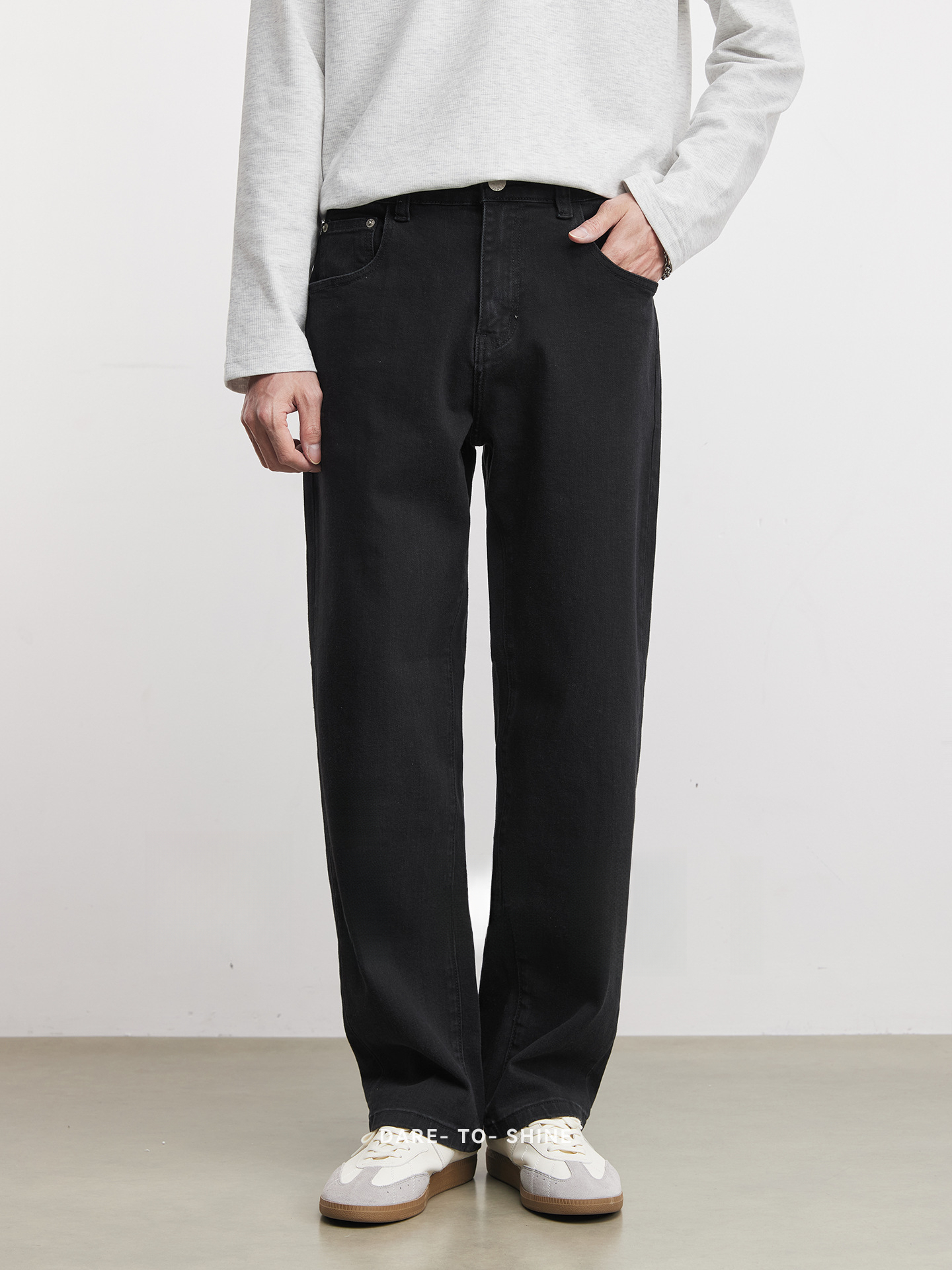 男士春秋彈力直筒黑色牛仔褲