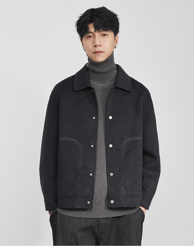 男士冬季明線翻領毛呢夾克外套