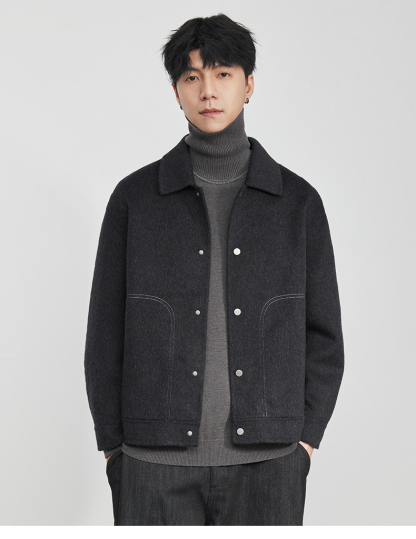 男士冬季明線翻領毛呢夾克外套